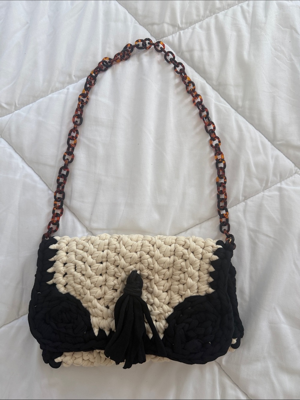 Handcrafted Cream and Black Crochet Shoulder Bag with Tortoiseshell Chain